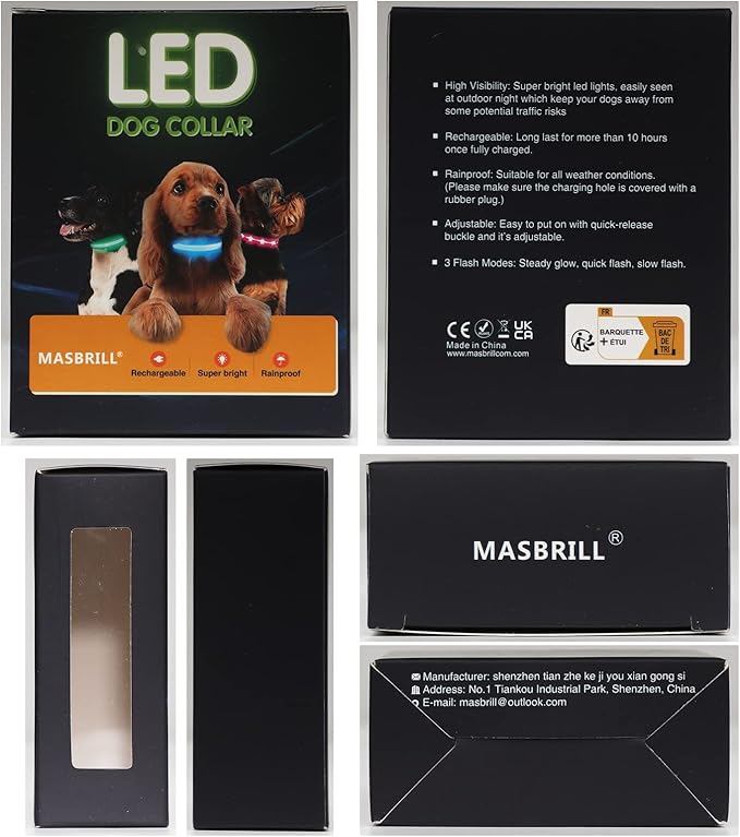 MASBRILL LED Dog Collar,Light Up Dog Collars Rechargeable Waterproof Night Walking Glow Dog Collar for Small Medium Large Dogs