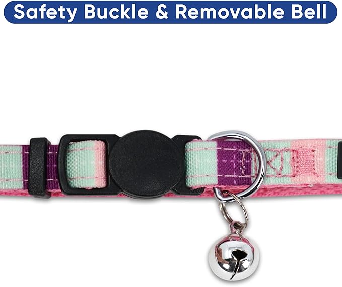Pawtitas Pet Soft Adjustable Multicolor Cat Collar with Safety Buckle and Removable Bell Teal / Pink / Purple
