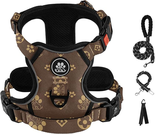 IVY&LANE No Pull Dog Harness with Leash Set, Reflective No Choke Pet Vest,Adjustable Oxford Dog Vest Harness with Easy Control Handle for Large Dogs (Dark Brown,XL)