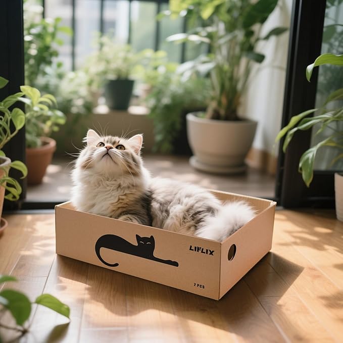 7PCS Reversible Cat Scratching Pads with Box, 16.5" Lｘ12.6" Wｘ5.9 H Extra Large Cardboard Scratcher with Catnips, Cat Scratch Boxes for Indoor Cats