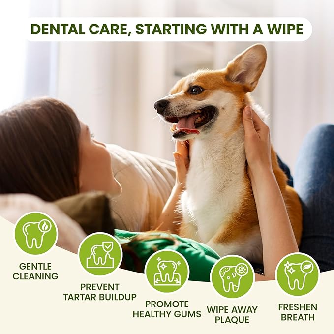 Dog Teeth Cleaning Wipes, Fresh Breath Pet Dental Finger Wipes for Dogs & Cats, Dog Dental Wipes Teeth Wipes, Lick-Safe Pet Toothbrus for Easy Removal of Tartar Buildup, Unscented, 50 PCS