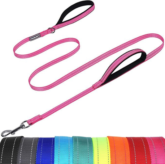 VIVAGLORY Twingrip Dog Leash, Double Handle Dog Leash for Training & Walking with Traffic Handle & 2 Loop, Traffic Control Reflective Heavy Duty for Puppy Pet, 4ft x 1/2in, Pink