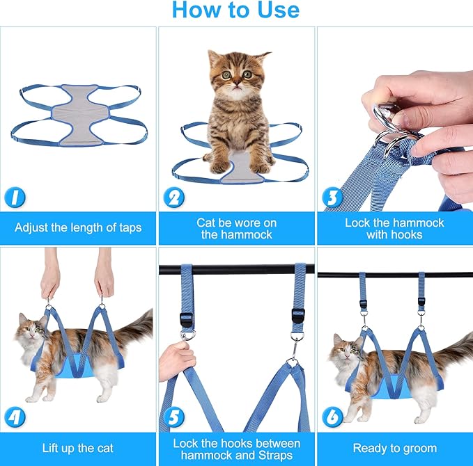 Cat Grooming Hammock, Pet Grooming Harness for Dogs&Cats, Multi Hammock Restraint Bag with Adjustable Grooming Loop/Stainless D-Hooks/Nail Clippers/Trimmer/Nail File for Pet Nail Trimming, Care (XS)