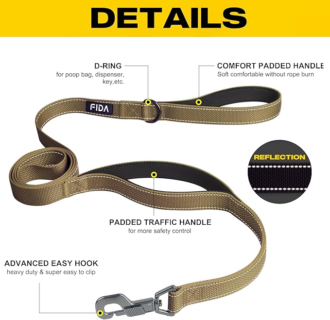 Fida 4 FT Heavy Duty Dog Leash with 2 Comfortable Padded Handles, Traffic Handle & Advanced Easy Snap Hook, Reflective Walking Lead for Large, Medium & Small Breed Dogs, Brown