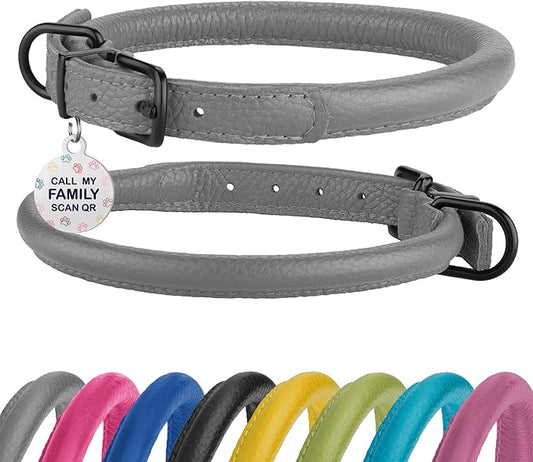 Rolled Leather Dog Collar Soft Round Collars, ID Tag for Small Medium Large Dogs (16-20 inch, Smoke Grey)