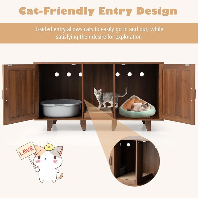 Tangkula Double Cat Litter Box Enclosure for 2 Cats, Large Stackable Hidden Privacy Cat Washroom Cabinet with Scratching Board, Indoor Cat House TV Stand Side Table, Litter Box Furniture (Brown)