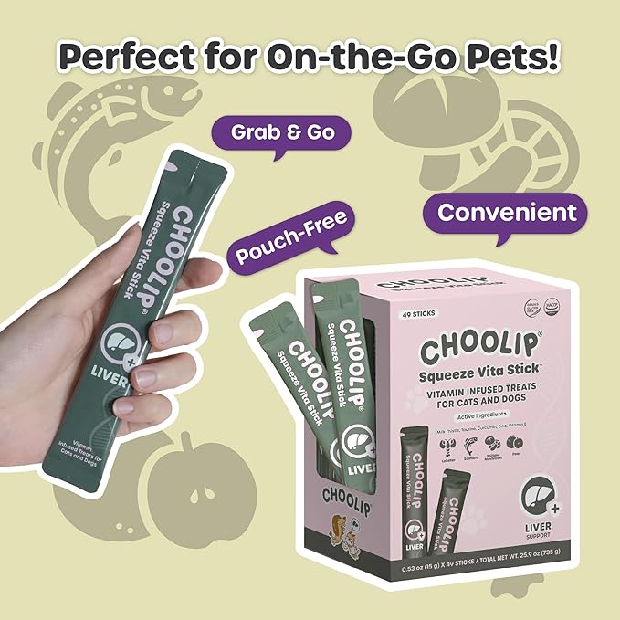 Choolip Squeeze Vita Stick Lickable Cat Treats & Dog Puree – 49-Count Liver Support Tubes, Creamy Grain-Free High-Protein Puree with Milk Thistle, Vitamin E & CoQ10 for Liver Health & Detox Support
