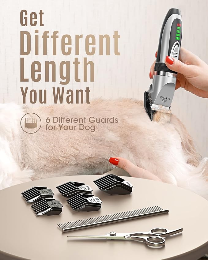 oneisall Low Noise 2-Speed Quiet Dog Grooming Kit - Rechargeable Cordless Pet Hair Clipper Trimmer Shaver for Small and Large Dogs, Cats and Animals (Silver)