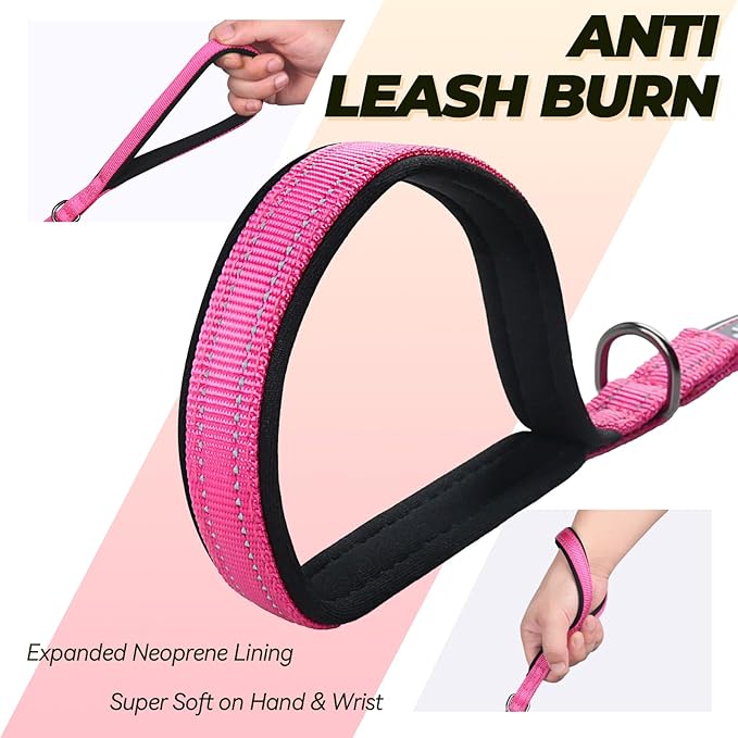 VIVAGLORY Dog Leash Lighthook Double Handle Dog Leash with Traffic Handle & Locking Carabiner for Walking & Training, Traffic Control Lightweight Carabiner for Puppy Pet, 4ft x 1/2in, Pink
