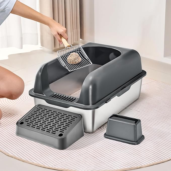 VEVOR Stainless Steel Cat Litter Box with Lid, XL Extra Large Enclosed Cat Box for Big Cats, High Sides Metal Litter Box, Anti Leakage,Odor-Free & Easy Cleaning,Include Scoop & Foot Board