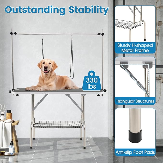 PETSITE 47 Inch Large Dog Grooming Table, Adjustable Pet Grooming Stand with Arms, Nooses, Mesh Tray, Foldable Pet Station at Home, 330 lbs Weight Capacity, Ideal for Dogs of All Ages, Black