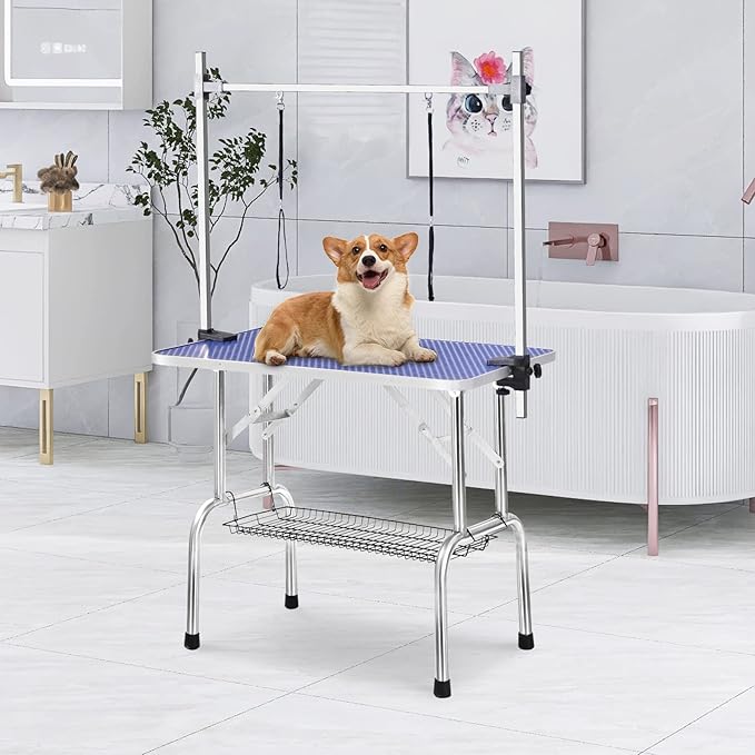 SoarFlash Pet Dog Grooming Table Foldable,Heavy Duty Foldable Pet Grooming Table with Arm & Noose & Mesh Tray, Maximum Capacity Up to 330lbs, 42inch, Blue