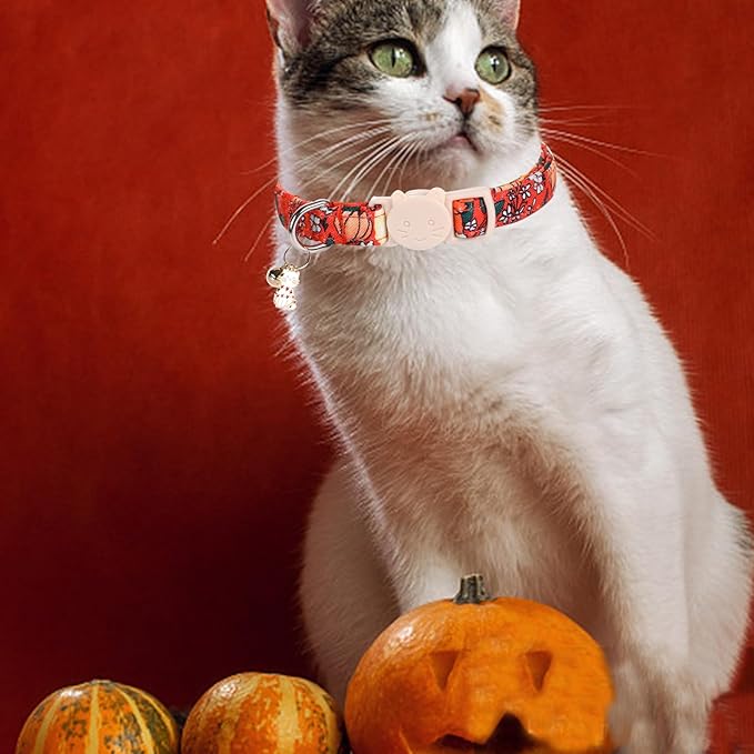 Elegant little tail Halloween Cat Collar-2 Pack Pumpkin Print Fall Cotton Breakaway Cat Collars with Bell Pendant Kitten Boy Girl Safety Adjustable Collar for Small Cats Puppy