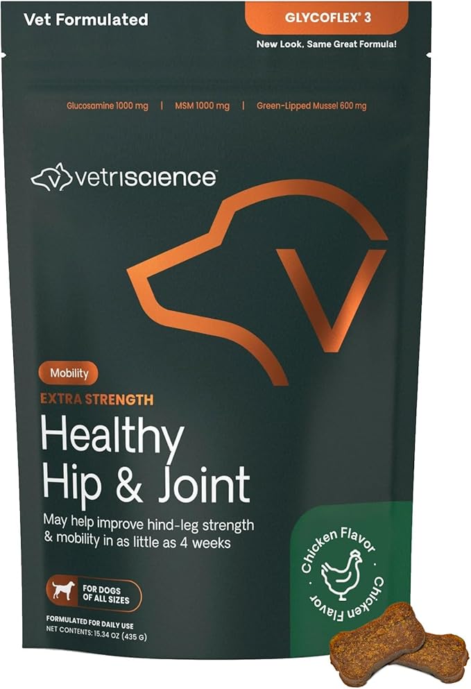 VetriScience Extra Strength Hip & Joint Supplement for Dogs, GlycoFlex 3 –Vet Formulated Glucosamine, MSM & Green-Lipped Mussel Chews for Mobility, Flexibility & Joint Support, Chicken Flavor, 60ct
