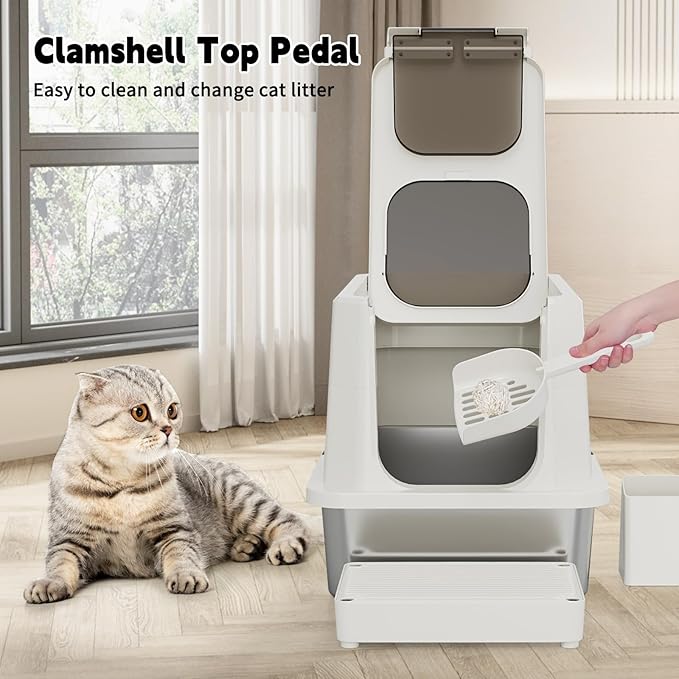 RIZZARI Stainless Steel Litter Box: 23.8" × 11.7" × 16.1" Beige Non-Stick Litter Pan with Cat Litter - Easy to Clean for Apartments - Multi-Cat Homes