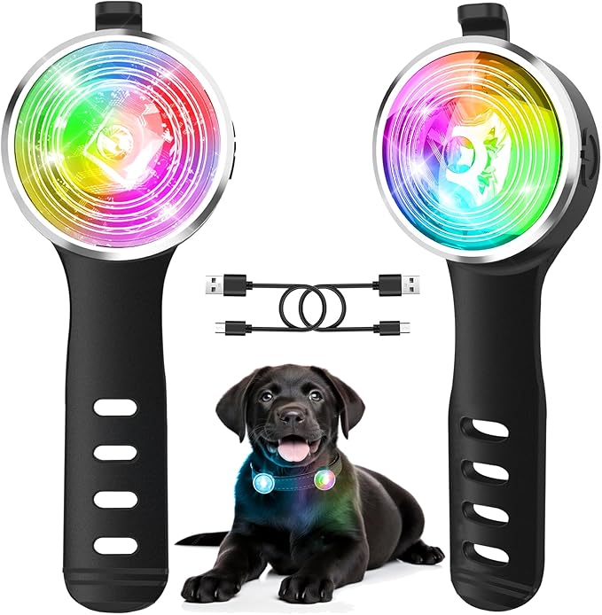 Tubasion 2-Pack Dog Lights for Night Walking, Upgraded 8 Modes Rechargeable Dog Collar Lights for Nighttime Clip On, IPX6 Waterproof and Silicone Band Safety Lights for Dog Collars