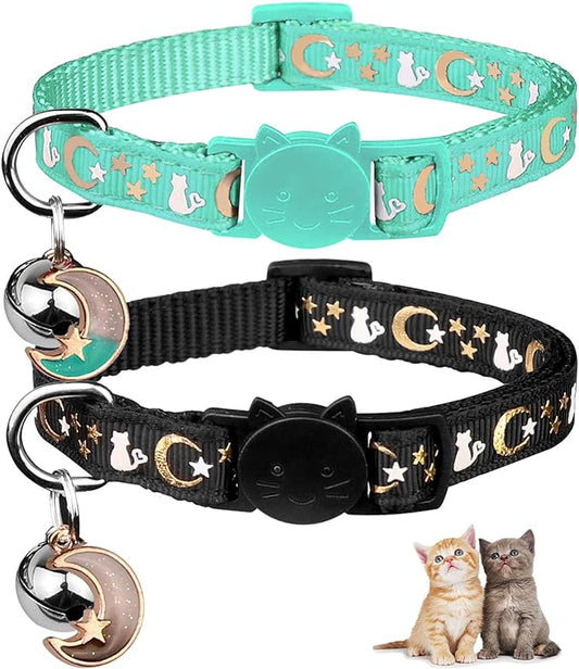 2PCS Breakaway Cat Collars with Bell Moons Stars Cute Kitty Adjustable Safe Kitten Collars with Pendant Glow in The Dark(Black&Teal)