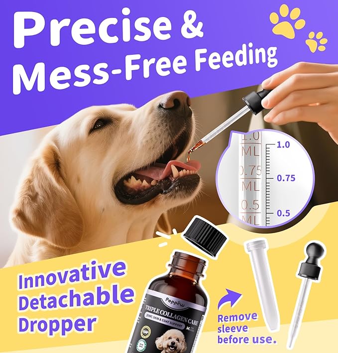 POPPAW Collagen for Dogs - Liquid Collagen for Hip & Joint Support, Skin & Coat with Types I, II & III Drops, Hyaluronic Acid and Vitamin C - Chicken Flavor, 2 FL Oz