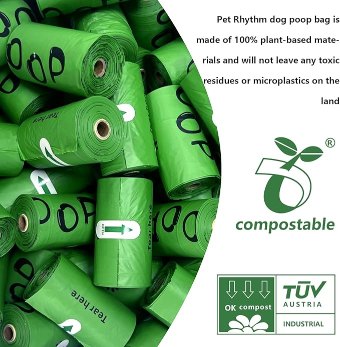 100% plant-based Dog Poop Bags Rolls, ASTM D6400 & EN 13432 Compliant, 450 Poop Bags including dispenser, 13 in × 9 in green poop bags for dogs, Super thick 100% leak proof