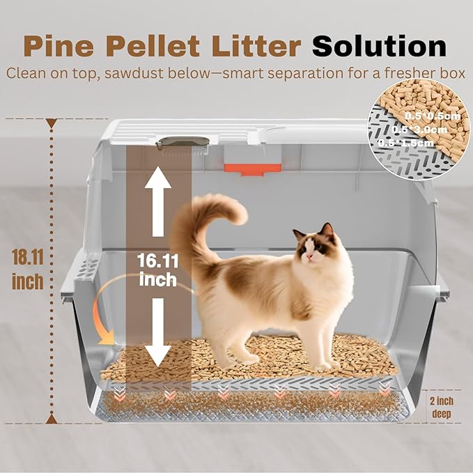 XXL Stainless Steel Sifting Litter Box with Lid, Fully Enclosed 8" Deep Metal Cat Litter Box, Leak-Proof, for Pine Pellets or Non-clumping Litter, for Large & Multi-Cats, with Litter Mat & Scooper