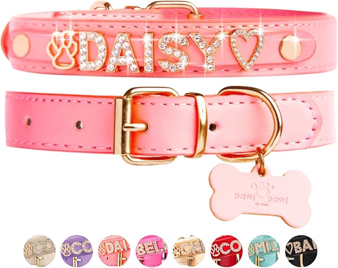 Paws Paws Miami Custom Dog Collar for Medium Dogs, Personalized with Name in Gold-Plated Cubic Zirconia Initials and Charm Jewels Leather Collars, Pink
