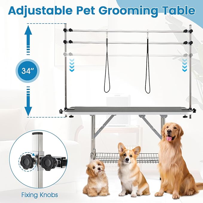 PETSITE 47 Inch Large Dog Grooming Table, Adjustable Pet Grooming Stand with Arms, Nooses, Mesh Tray, Foldable Pet Station at Home, 330 lbs Weight Capacity, Ideal for Dogs of All Ages, Black