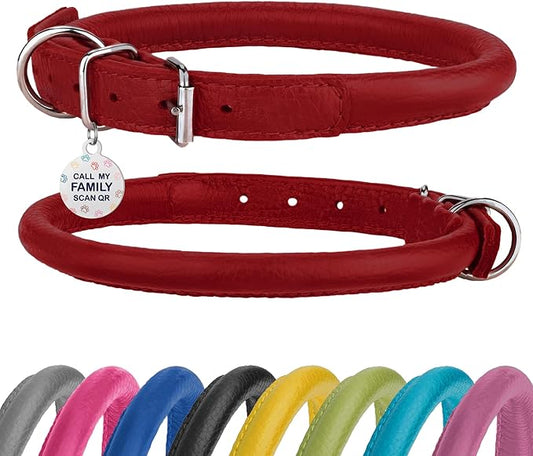 Rolled Leather Dog Collar Soft Round Collars, ID Tag for Small Medium Large Dogs (19-22 inch, Imperial Red)