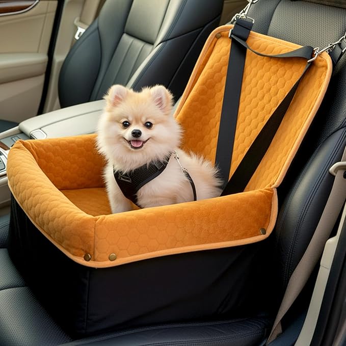 Dog Car Seat for Small Medium Dogs, Travel Pet Car Bed with Removable Waterproof Cover, Memory Foam Dog Booster Seats Up to 35 lbs, Safety Belt and Storage Pocket(Brown)