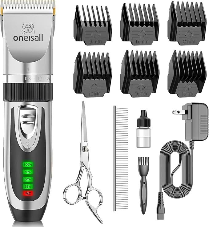 oneisall Low Noise 2-Speed Quiet Dog Grooming Kit - Rechargeable Cordless Pet Hair Clipper Trimmer Shaver for Small and Large Dogs, Cats and Animals (Silver)