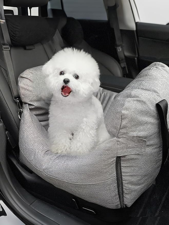 Small Dog Car Seat - Portable Booster carseat with Harness,Detachable Washable Dog Booster Seat Under 19lbs Fits Front & Rear Seats, Soft Pet Car Bed with Storage Pockets and Safety Belt for Travel.