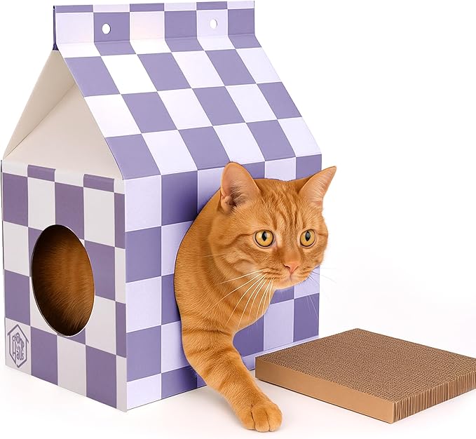 Cardboard Cat House with Scratch Pad – Durable Eco-Friendly Hideaway, Easy Assembly, Stylish Plum Checkered Design, Indoor Cat Furniture