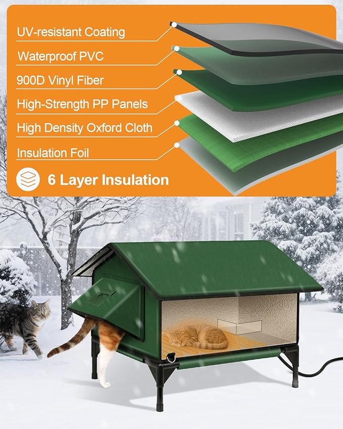 100% Waterproof Heated Cat House for Outdoor with Safe Escape Door, Heated Cat Bed Weatherproof Cat Shelter Kitty with Cat Heating Pad, Insulated Warm House for Feral Cat (Green, L)