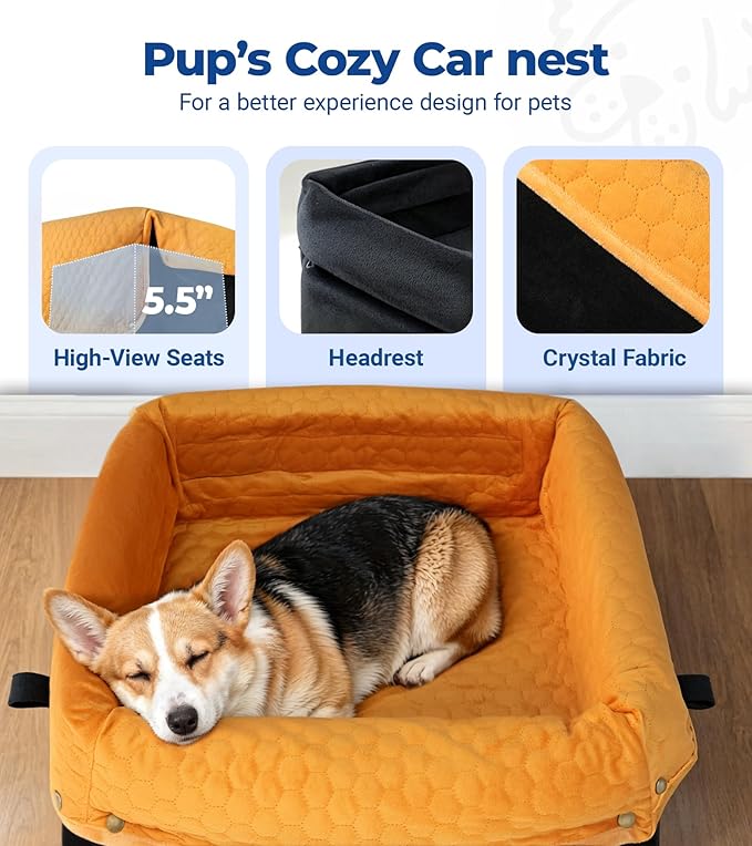 Dog Car Seat for Small Medium Dogs, Travel Pet Car Bed with Removable Waterproof Cover, Memory Foam Dog Booster Seats Up to 35 lbs, Safety Belt and Storage Pocket(Brown)