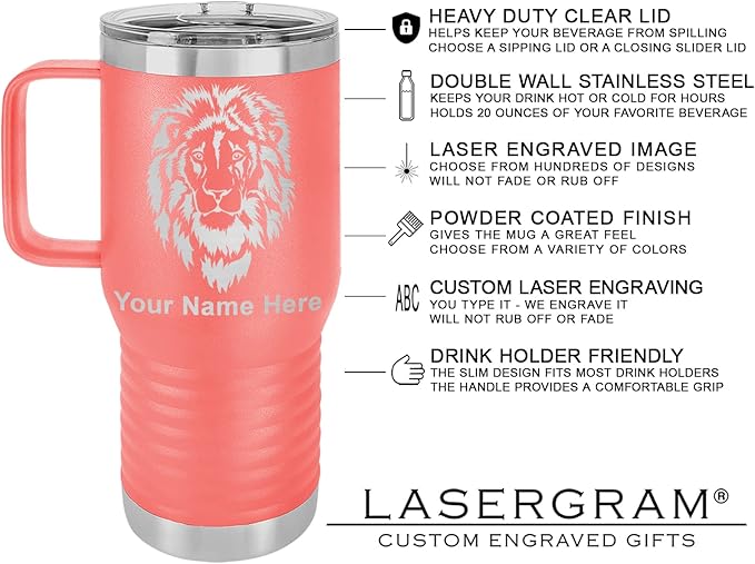 LaserGram 20oz Vacuum Insulated Travel Mug with Handle, Chihuahua Dog, Personalized Engraving Included (Coral)