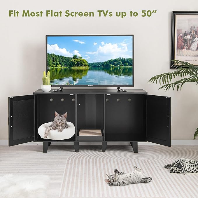 Tangkula Double Cat Litter Box Enclosure for 2 Cats, Large Stackable Hidden Privacy Cat Washroom Cabinet with Scratching Board, Indoor Cat House TV Stand Side Table, Litter Box Furniture (Black)