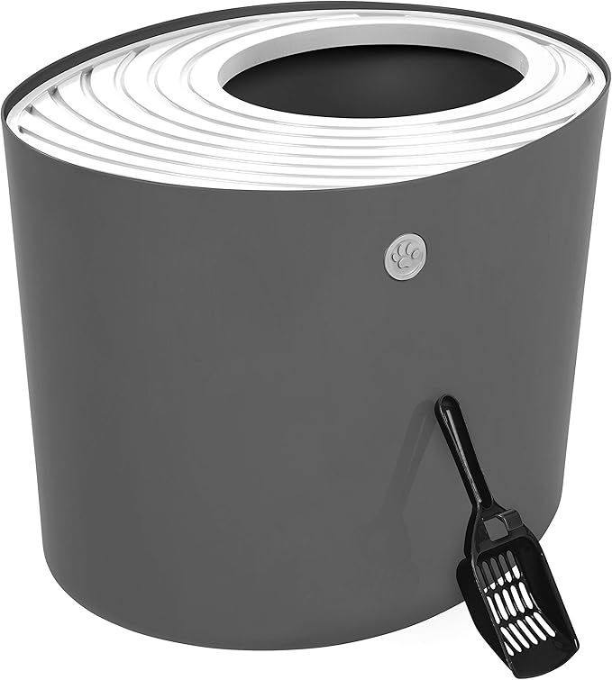 IRIS USA Cat Litter Box, Large Top Entry with Litter Catching Lid and Scoop, Dog Proof, Cat Box Enclosure, Dark Gray/White