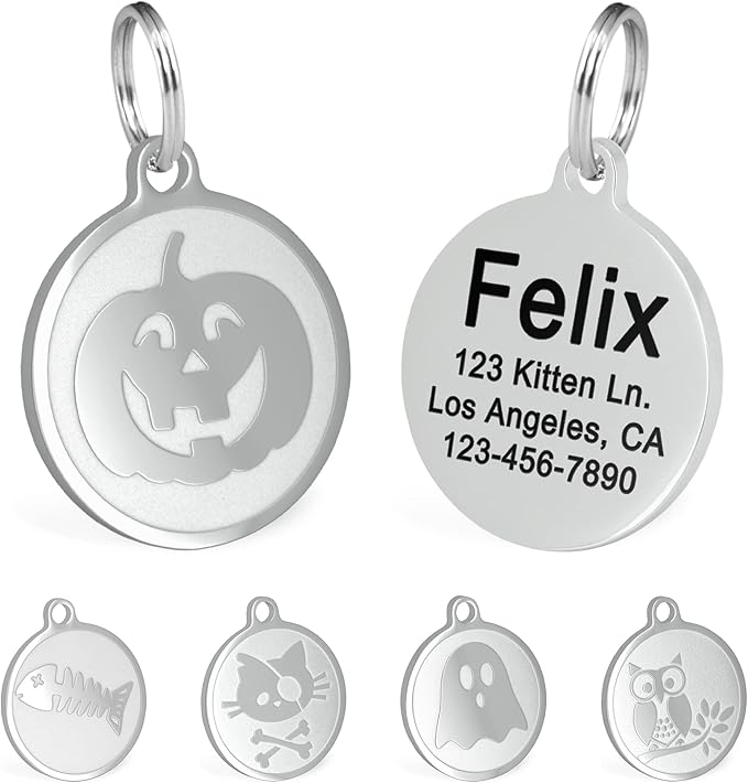 Ultra Joys Engraved Cat Name Tags Personalized - Stainless Steel Name Tag Pet Identification - Small Dog ID Tags Personalized for up to 4 Lines of Text - Pet ID Tags for Cat Collar - Pumpkin
