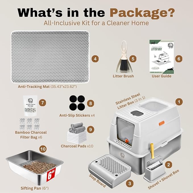 XXL Stainless Steel Sifting Litter Box with Lid, Fully Enclosed 8" Deep Metal Cat Litter Box, Leak-Proof, for Pine Pellets or Non-clumping Litter, for Large & Multi-Cats, with Litter Mat & Scooper