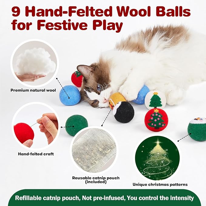 FOFOS Wool Cat Balls 9 Pcs Christmas Cat Toys Balls Hand Felted Wool Cat Toys Kitten Exercise Toys for Indoor Cats 1.7 Inches