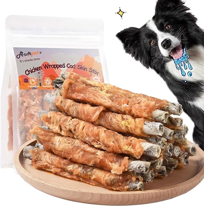 ASMPET Dog Treats Chews, Chicken Wrapped Cod Skin Sticks, Rawhide Free Cod Skin Treats for Dogs, 10.6 oz