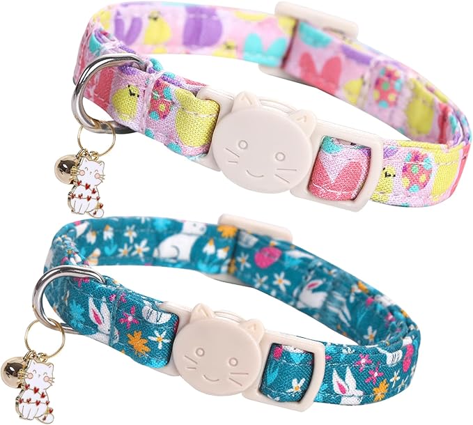 Elegant little tail Easter 2 Pack Cat Collar-Bunny Print Cotton Breakaway Cat Collars with Bell Pendant Kitten Safety Adjustable Collar for Small Cats Puppy