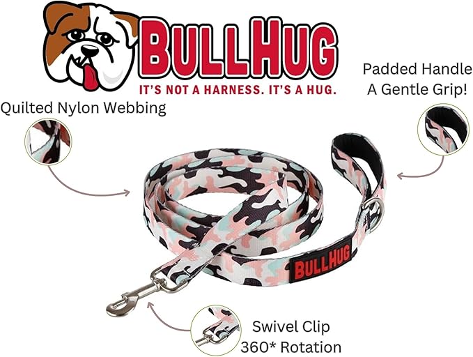 BULLHUG 6 FT Bulldog Leash with Padded Handle. Perfect for Bulldogs & All Breeds. Leash for Walking & Training (Mint Pink Camouflage)