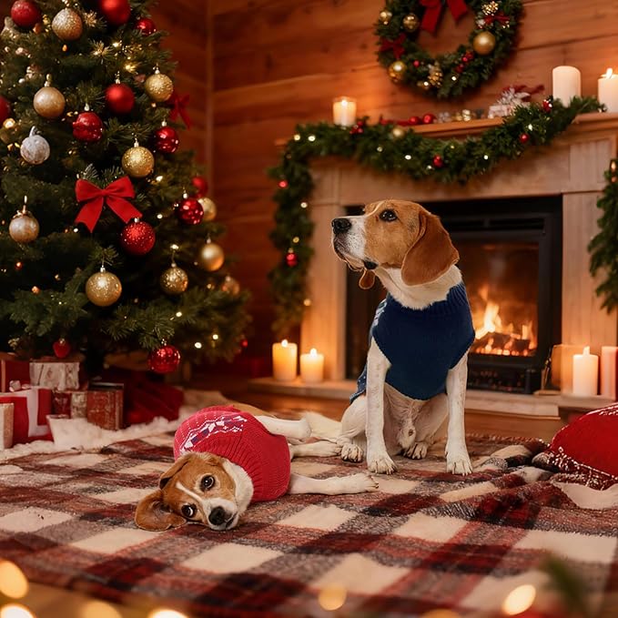 FUAMEY Dog Christamas Sweater, Warm Dog Sweater Classic Snowflake New Year Turtleneck Sweaters Knitwear Cold Weather Dogs Pullover for Small Medium Dogs Puppies & Cats Bulldogs Corgi with Leash Hole