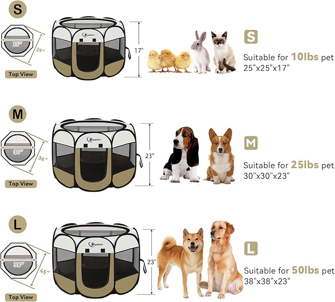 Dog Cat Playpen, Medium Puppy Pet Playpen, Dog Crate Tent Cage Indoor/Outdoor, Portable Pop Up Dogs Kennel Playpen with Carrying Case for Dogs/Cats/Rabbits(Coffee, Small)