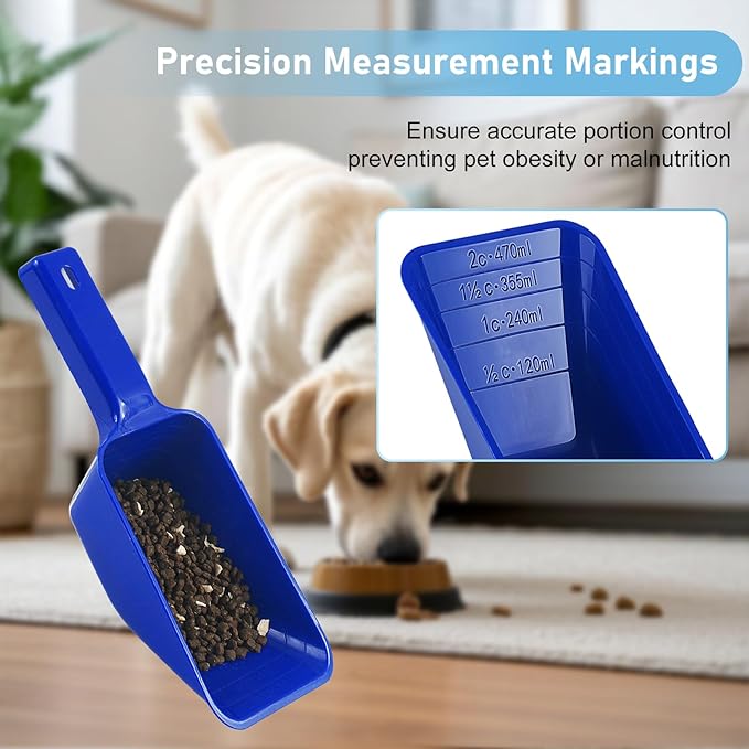 Food Scoop 2 PACK,2 Cup Capacity Dog Food Scoop With Measuring Lines For Dog, Puppy and Cat Coffee Bean Scoop, Flour Scoop (Large Blue)
