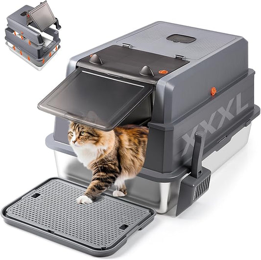 Extra Large Stainless Steel Litter Box with Lid, 28" L x 20" W x 17" H XXXL Enclosed Metal Cat Litter Box with Litter Scoop & Foot Pedal, Odor Control,Easy Cleaning Cats (Dark Grey)
