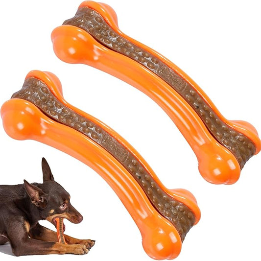 Dog Bones Chew Toys for Aggressive Chewers Large Breed, 2 Pack Real Beef Flavor,Indestructible Teething Chew Toys for Large/Medium/Small Breed,Tough Toy with Durable Nylon