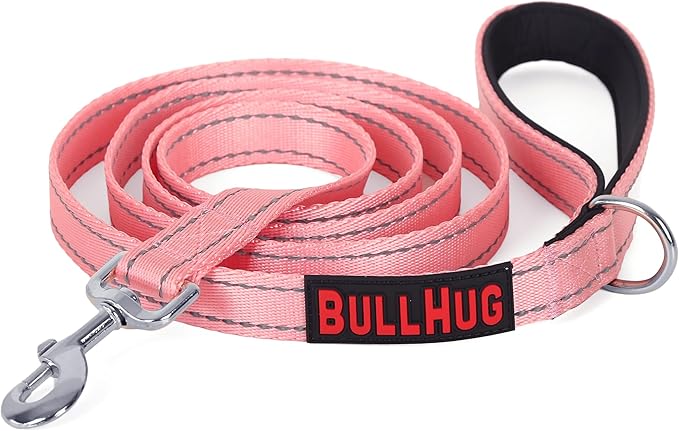 BULLHUG 6 FT Bulldog Leash with Padded Handle. Perfect for Bulldogs, French Bulldogs, Pugs & All Breeds. Leashes for Walking, Training Lead for Bulldogs (Reflective Stitching, BABYPINK)