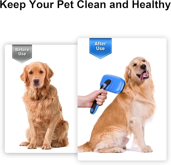 Self Cleaning Slicker Brush for Dogs& Cats - Skin Friendly Shedding & Hair Removal for Long and Short Haired Dogs and Cats, Grooming Tool of Pets, Blue