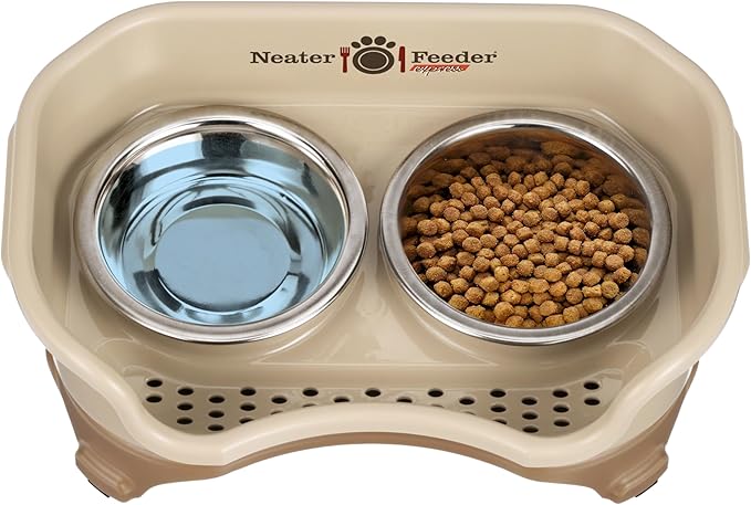 Neater Feeder Express Mess Proof Dog Bowls Elevated for Small Breeds under 15 Lb, Made in USA, No Spill Raised Dog Food Bowl Stand, Stainless Steel Food and Water Bowl Set, Feeding Station, Cappuccino
